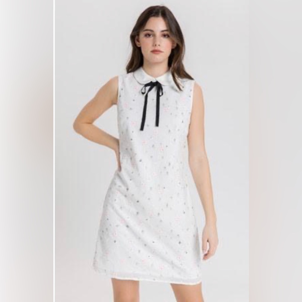 NEW English Factory Farrow Embroidered Floral A-Line Dress Ribbon White Medium